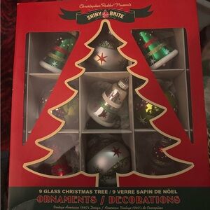 Box of reproduction Shiny Brite ornaments